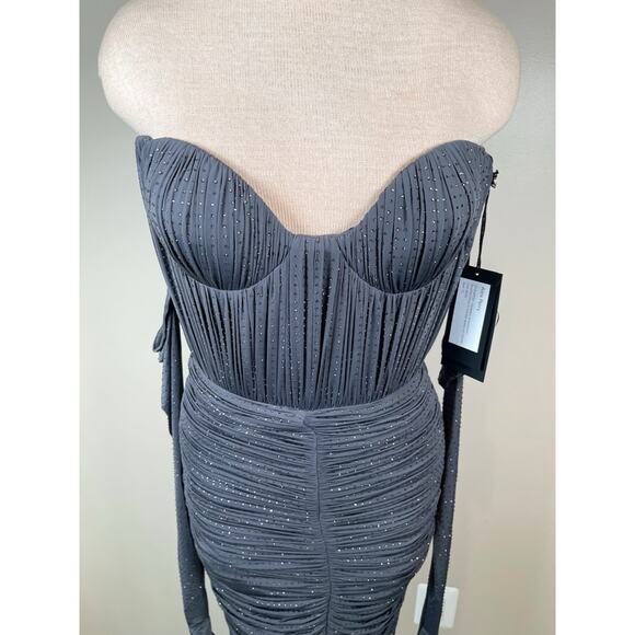 Alex Perry Strapless Sweetheart Ruched Crystal Jersey Iron Gray Midi Dress Sz 4 - Picture 8 of 13